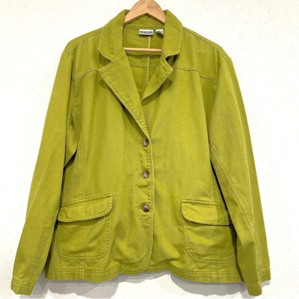 Chicos Denim Green 100% Cotton Pocket Blazer Jacket Womens Size 3
